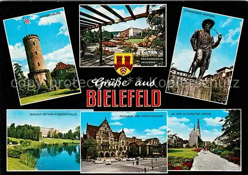 AK / Ansichtskarte Bielefeld Sparrenburg Akademie Leineweber Denkmal Statue Kirche Rathaus Stadttheater Rudolf Oetker Konzerthalle Kat. Bielefeld