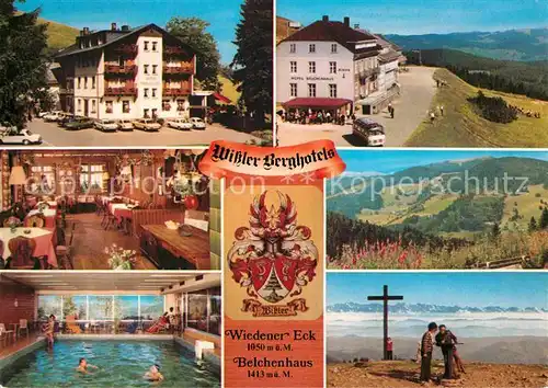 AK / Ansichtskarte Wieden Schwarzwald Wissler Berghotels Wiedener Eck und Belchenhaus Hallenbad Gipfelkreuz Kat. Wieden