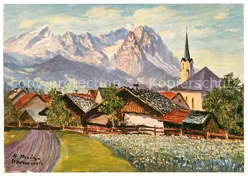 AK / Ansichtskarte Garmisch Partenkirchen Ortsansicht mit Kirche Alpen Wiechmann Bildkarten Nr. 369 Kuenstlerkarte Kat. Garmisch Partenkirchen