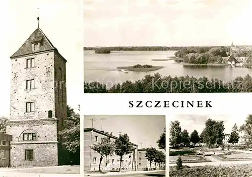 AK / Ansichtskarte Szczecinek Muzeum Regionalne w wiezy gotyckiej Jezioro Trzesiecko Fragment miasta Skwer Kat. Neustettin Pommern