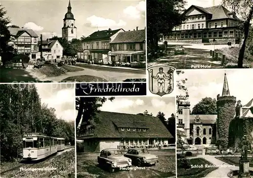 AK / Ansichtskarte Friedrichroda Ortspartie an der Kirche Parkhotel Schloss Reinhardsbrunn Heuberghaus Thueringerwaldbahn Kat. Friedrichroda
