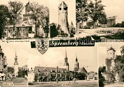 AK / Ansichtskarte Spremberg Niederlausitz Rat des Kreises Georgenbergturm Friedrich Engels Platz Schloss Marktplatz Rathaus Langestrasse Kat. Spremberg