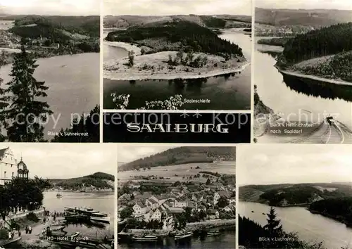 AK / Ansichtskarte Saalburg Saale Panorama Blick vom Suehnekreuz Saaleschleife Heinrichstein HO Hotel Kranich Luchsfels Kat. Saalburg Ebersdorf