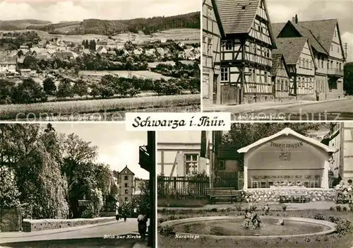 AK / Ansichtskarte Schwarza Thueringer Wald Panorama Blick vom Heiligen Berg Fachwerkhaeuser Kuranlage Musikpavillon Kirche Kat. Schwarza Suhl