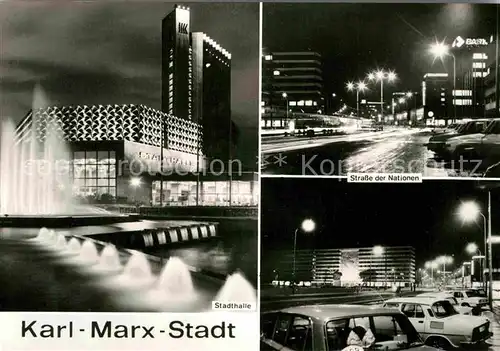 AK / Ansichtskarte Karl Marx Stadt Stadthalle Wasserspiele Strasse der Nationen Nachtaufnahmen Kat. Chemnitz