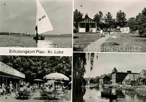AK / Ansichtskarte Plau See Plauer See Segelboot Campinglager Hans Fischer Gaststaette Partie an der Elde Mecklenburgische Seenplatte