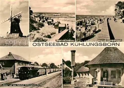 AK / Ansichtskarte Kuehlungsborn Ostseebad Windmuehle Strand Seebruecke Promenade Konzertgarten Molly Dampflokomotive Bahnhof Kat. Kuehlungsborn