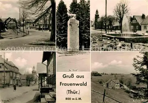 AK / Ansichtskarte Frauenwald Thueringen Nordstrasse Hirsch Denkmal Platz des Friedens HOG Fraubachmuehle Suedstrasse Kat. Frauenwald