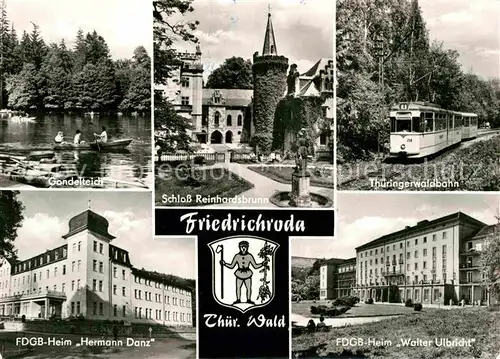 AK / Ansichtskarte Friedrichroda Gondelteich Schloss Reinhardsbrunn Thueringerwaldbahn FDGB Heime Wappen Kat. Friedrichroda
