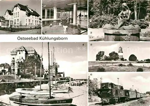 AK / Ansichtskarte Kuehlungsborn Ostseebad Haus der Jugend FDGB Meerwasserschwimmhalle Konzertgarten Bootsliegestelle Leuchtturm Molli Dampflokomotive Kat. Kuehlungsborn