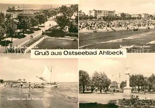 AK / Ansichtskarte Ahlbeck Ostseebad Promenade Seebruecke Strand Bernhard Goering Heim Segelboot Kurpark Stranduhr Kat. Heringsdorf Insel Usedom