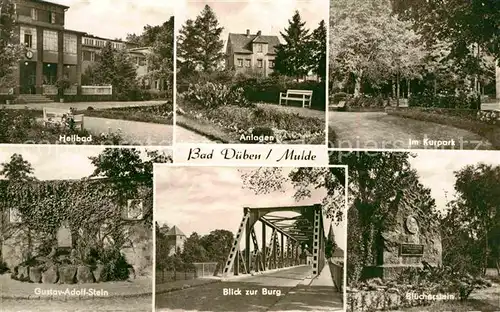 AK / Ansichtskarte Bad Dueben Heilbad Anlagen Kurpark Gustav Adolf Stein Gedenkstein Burg Bruecke Bluecherstein Gedenktafel Kat. Bad Dueben