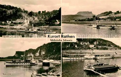 AK / Ansichtskarte Rathen Saechsische Schweiz Talwaechter Lokomotive Felsformationen Elbe Dampfer Lilienstein Tafelberg Bastelwaende Anleger Kat. Rathen Sachsen