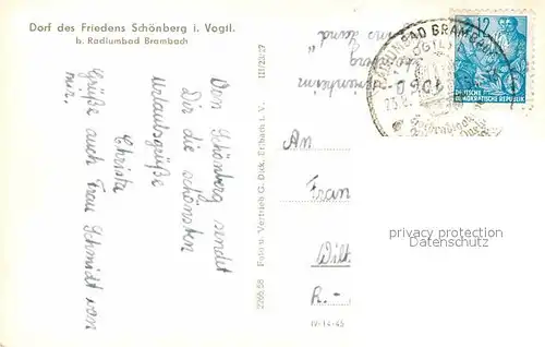 AK / Ansichtskarte Schoenberg Vogtland Dorf des Friedens Ortsansicht mit Kirche Kat. Mehltheuer Vogtland