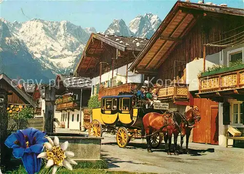 AK / Ansichtskarte Postkutsche Garmisch Partenkirchen Fruehlingsstrasse Hoellentalspitzen  Kat. Post