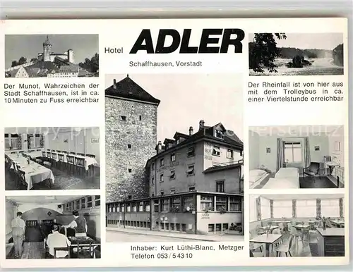 AK / Ansichtskarte Schaffhausen SH Hotel Adler Gastraeume Kegelbahn Zimmer Rheinfall Der Munot Kat. Schaffhausen