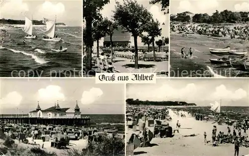 AK / Ansichtskarte Ahlbeck Ostseebad Segeln Konzertmuschel Strand Seebruecke Kat. Heringsdorf Insel Usedom