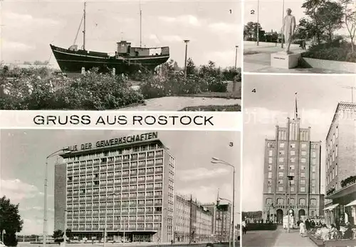 AK / Ansichtskarte Rostock Mecklenburg Vorpommern HO Gaststaette Kutter Hermann Duncker Platz Denkmal Statue Haus der Gewerkschaften Ostseegaststaette Kat. Rostock