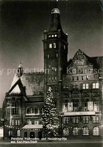 AK / Ansichtskarte Karl Marx Stadt Rathaus Weihnachtskarte Neujahrskarte Christbaum Nachtaufnahme Kat. Chemnitz