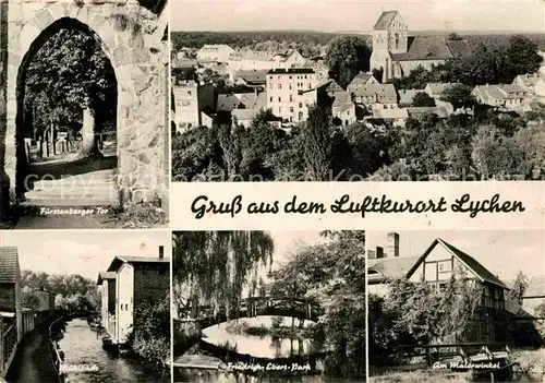 AK / Ansichtskarte Lychen Ortsansicht mit Kirche Fuerstenberger Tor Muehlbach Friedrich Ebert Park Holzbruecke Malerwinkel Kat. Lychen