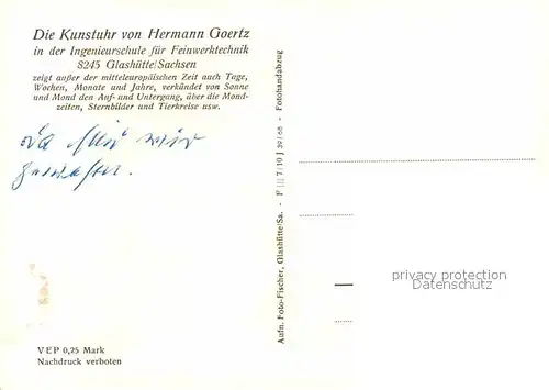 AK / Ansichtskarte Uhren Kunstuhr Hermann Goertz Glashuette Sachsen  Kat. Technik