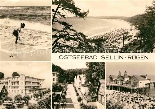 AK / Ansichtskarte Sellin Ruegen Kind am Strand Panorama Kueste Reisebuero Kurhaus Kurverwaltung Seebruecke Kat. Sellin Ostseebad