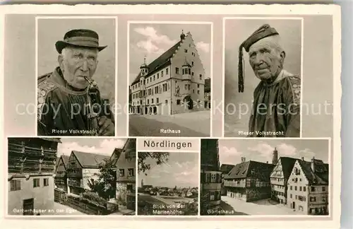 AK / Ansichtskarte Noerdlingen Rathaus Rieser Volkstracht Gerberhaeuser Guertelhaus Kat. Noerdlingen