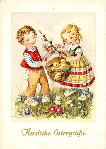 AK / Ansichtskarte Ostern Easter Paques Kinder Kueken Blumen Weidenkaetzchen  Kat. Greetings