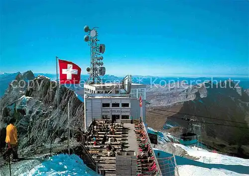 AK / Ansichtskarte Titlis Engelberg Panorama Restaurant Bergbahn Schweizer Flagge Alpenpanorama Kat. Engelberg