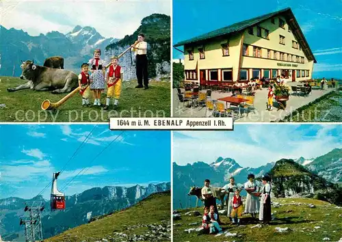 AK / Ansichtskarte Appenzell IR Ebenalp im Alpstein mit Blick auf Saentis Appenzeller Alpen Hornblaeser Trachten Almvieh Kat. Appenzell