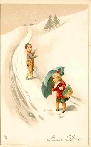 AK / Ansichtskarte Neujahr Kinder Schneeball Regenschirm  Kat. Greetings