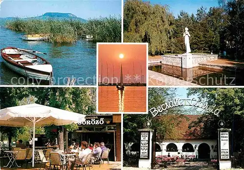 AK / Ansichtskarte Boglarlelle Balatonlelle Restaurant am Plattensee Denkmal Segeln in der Abendsonne