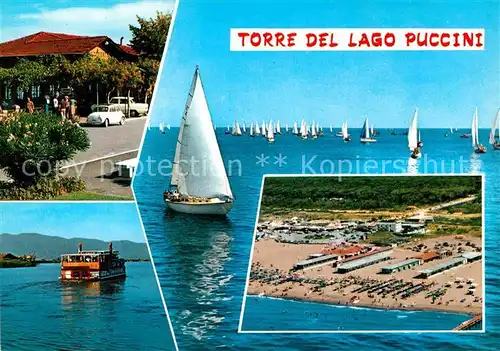 AK / Ansichtskarte Torre del Lago Puccini Restaurant Faehre Segelregatta Strand Fliegeraufnahme