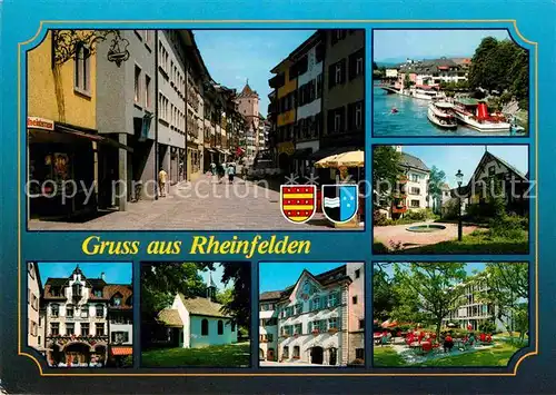 AK / Ansichtskarte Rheinfelden AG Innenstadt Fussgaengerzone Bootsanleger am Rhein Kapelle Restaurant Gartenterrasse Kat. Rheinfelden