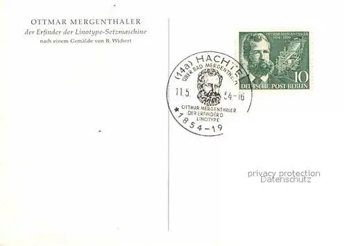 AK / Ansichtskarte Kuenstlerkarte B. Wichert Ottmar Mergenthaler Erfinder der Linotype Setzmaschine  Kat. Kuenstlerkarte