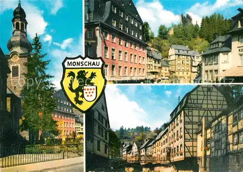 AK / Ansichtskarte Monschau Kirche Altstadt Fachwerkhaeuser Burgruine Kat. Monschau