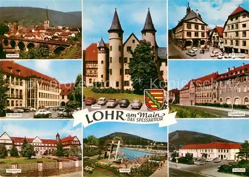 AK / Ansichtskarte Lohr Main Bruecke Schloss Rathaus Frauenkloster Stadthalle Freibad Aloysianum Kat. Lohr a.Main