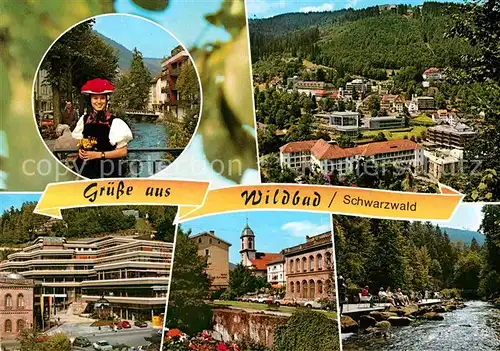 AK / Ansichtskarte Bad Wildbad Trachten Bollenhut Kurhaus Kirche Partie am Fluss Kat. Bad Wildbad