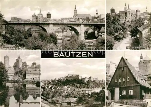 AK / Ansichtskarte Bautzen Blick vom Scharfenweg Hexenhaeusl Wasserkunst Friedensbuercke mit Altstadt Kat. Bautzen