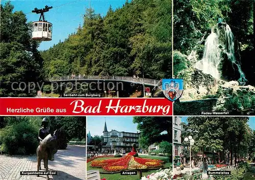 AK / Ansichtskarte Bad Harzburg Seilbahn zum Burgberg Radau Wasserfall Kurgastdame auf Esel Anlagen Kat. Bad Harzburg