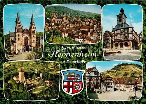 AK / Ansichtskarte Heppenheim Bergstrasse Stadtbild mit Kirche Starkenburg Markt Fachwerkhaeuser Wappen Kat. Heppenheim (Bergstrasse)