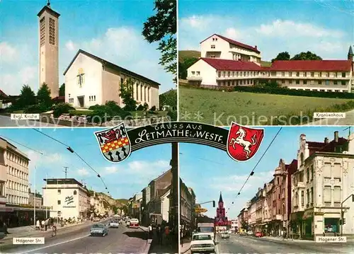 AK / Ansichtskarte Letmathe Oestrich Kirche Krankenhaus Hagener Strasse Wappen Kat. Iserlohn