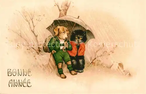 AK / Ansichtskarte Vermenschlicht Hund Katze Regenschirm Regen Neujahr Litho Kat. Kuenstlerkarte