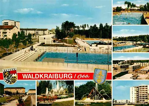 AK / Ansichtskarte Waldkraiburg Freibad Wohnsiedlung Stadtplatz Stadtpark Wohnheim Kat. Waldkraiburg
