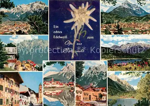 AK / Ansichtskarte Mittenwald Bayern Teilansichten Alpenpanorama See Edelweiss Huber Postkarte Nr 8504 Kat. Mittenwald