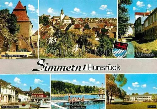 AK / Ansichtskarte Simmern Hunsrueck Schinderhannesturm Simmerbach Schlossplatz Schwimmbad Schule Kat. Simmern  Hunsrueck