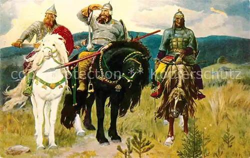 AK / Ansichtskarte Kuenstlerkarte N. M. Vasnetzov Three Russian Knights Kat. Kuenstlerkarte