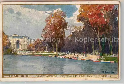 AK / Ansichtskarte Kuenstlerkarte H. Goehler Karlsruhe Stadtgarten Festhalle Bootslaende  Kat. Kuenstlerkarte