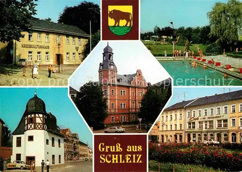 AK / Ansichtskarte Schleiz Kreikulturhaus Freibad Historische Muenze Neumarkt Kat. Schleiz