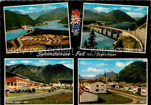 AK / Ansichtskarte Sylvensteinsee Lenggries Fall mit Hotel Jaeger vom Fall Bruecke Bayerische Alpen